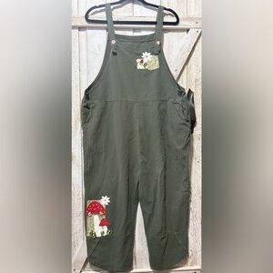 Mushroom Bib Overalls Green Upcycled Applique | UP070